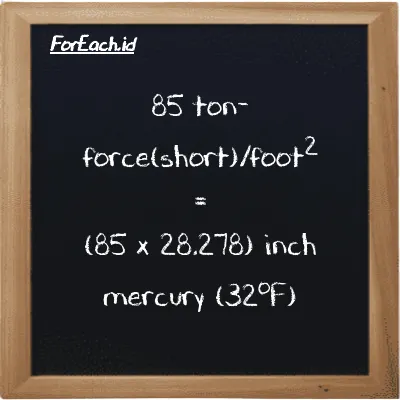 How to convert ton-force(short)/foot<sup>2</sup> to inch mercury (32<sup>o</sup>F): 85 ton-force(short)/foot<sup>2</sup> (tf/ft<sup>2</sup>) is equivalent to 85 times 28.278 inch mercury (32<sup>o</sup>F) (inHg)